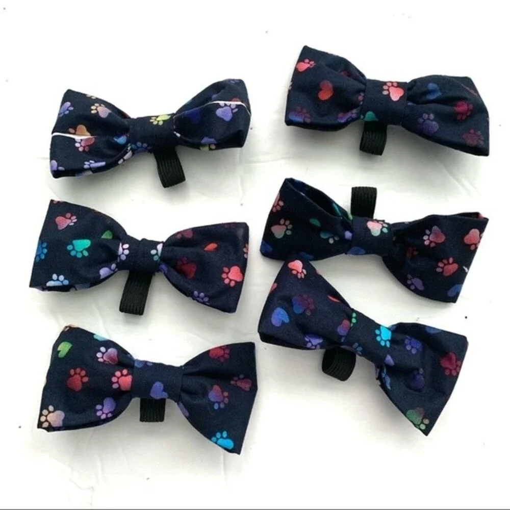 Handmade 1 Dog Bow for Collar Navy w/ Paw Print & Heart Polka Dots 4 x 2 inches